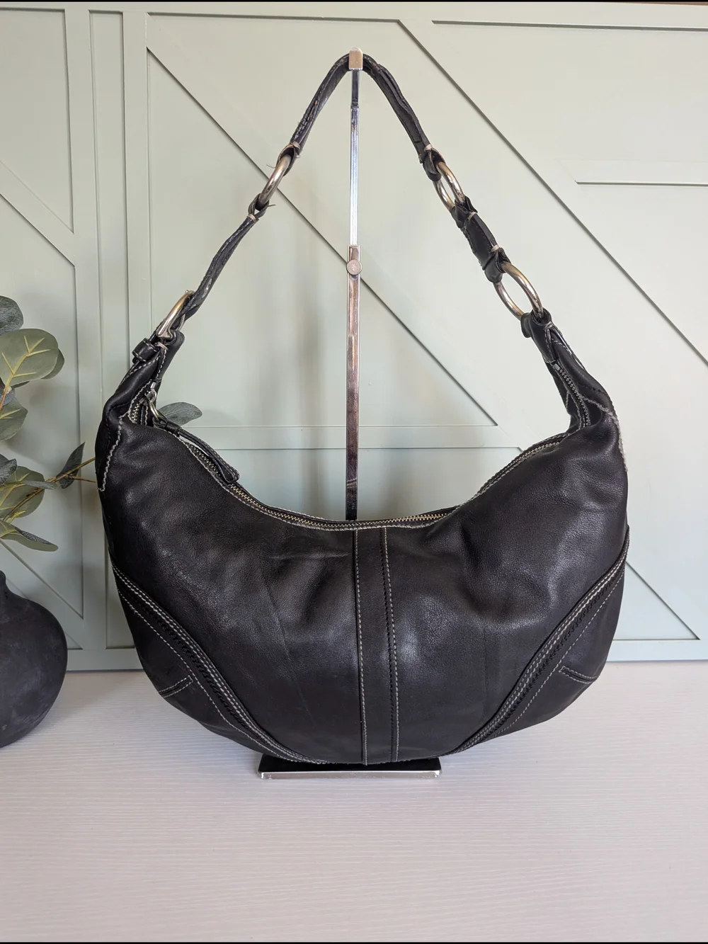 Coach Black Leather Hobo with Contrast Stitching